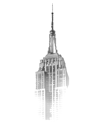 This is a stylized image of the Empire State Building with a fragmented, pixelated lower section dissolving into the background.