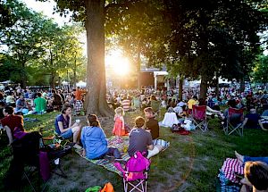 A large crowd is gathered in a park, sitting on blankets and chairs, enjoying an outdoor event with a stage in the background, under the sun.