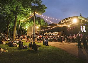 A night-time outdoor concert with string lights, people sitting on the grass, and a stage with performers under the illuminated canopy.