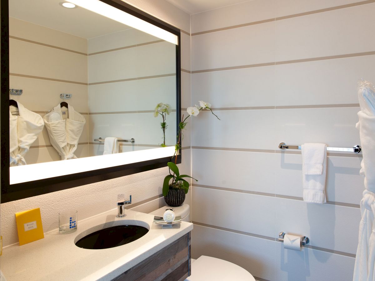 A modern bathroom with a large mirror, sink, orchid, bathrobe, and towels neatly arranged. The decor is clean and elegant, with warm lighting.