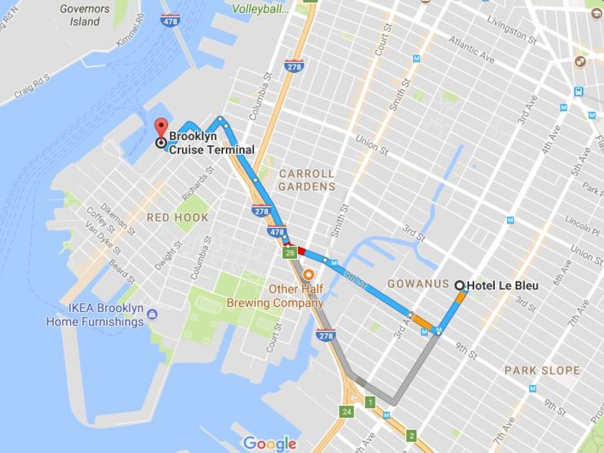 A map showing a route from Hotel Le Bleu to Brooklyn Cruise Terminal in Red Hook, with key locations marked like Carroll Gardens, Gowanus, and IKEA.