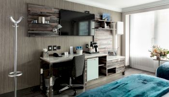 The image shows a modern hotel room with a desk, chair, TV, coat rack, and bed. There's also a window with light drapes and flowers on a table.